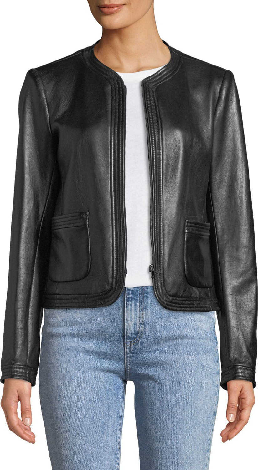 Rebecca Taylor Collarless Zip-Front Leather Moto Jacket