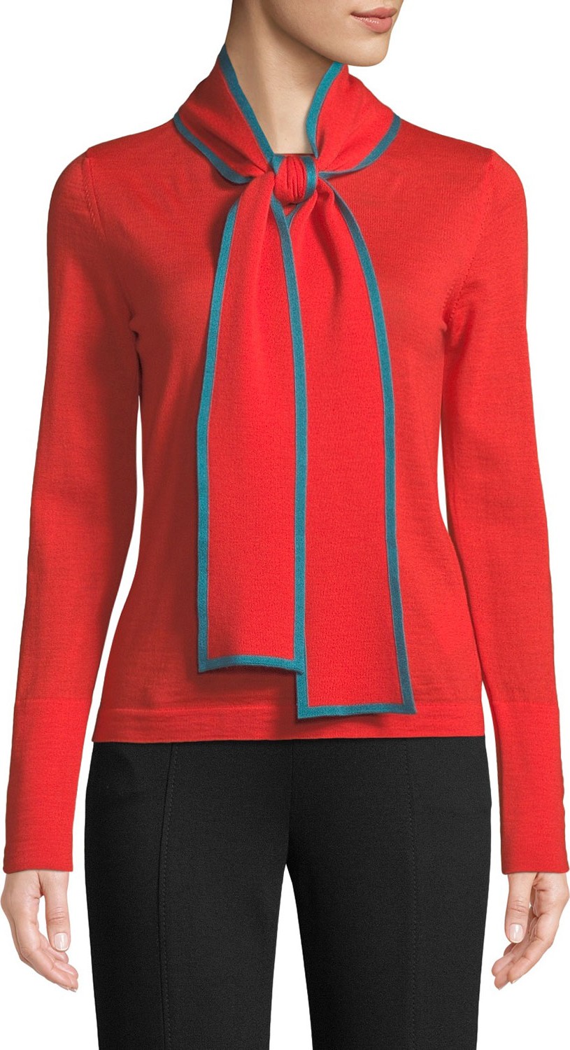 Escada Long-Sleeve Contrast Trim Neck-Sash Wool Pullover Top