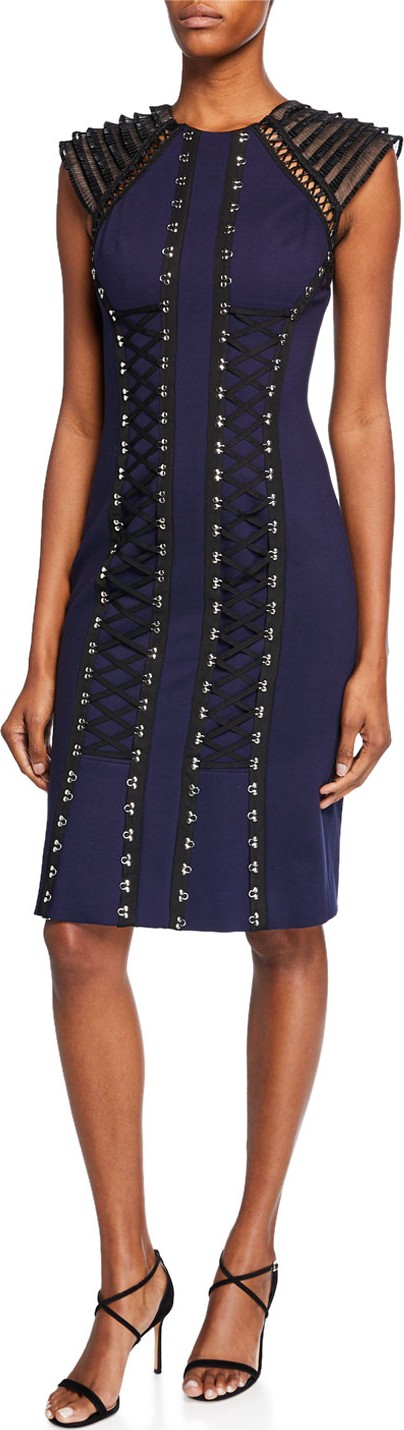 Catherine Deane Mya Tiered Cap-Sleeve Ponte Dress w/ Grosgrain Ribbon Lace-Up Front
