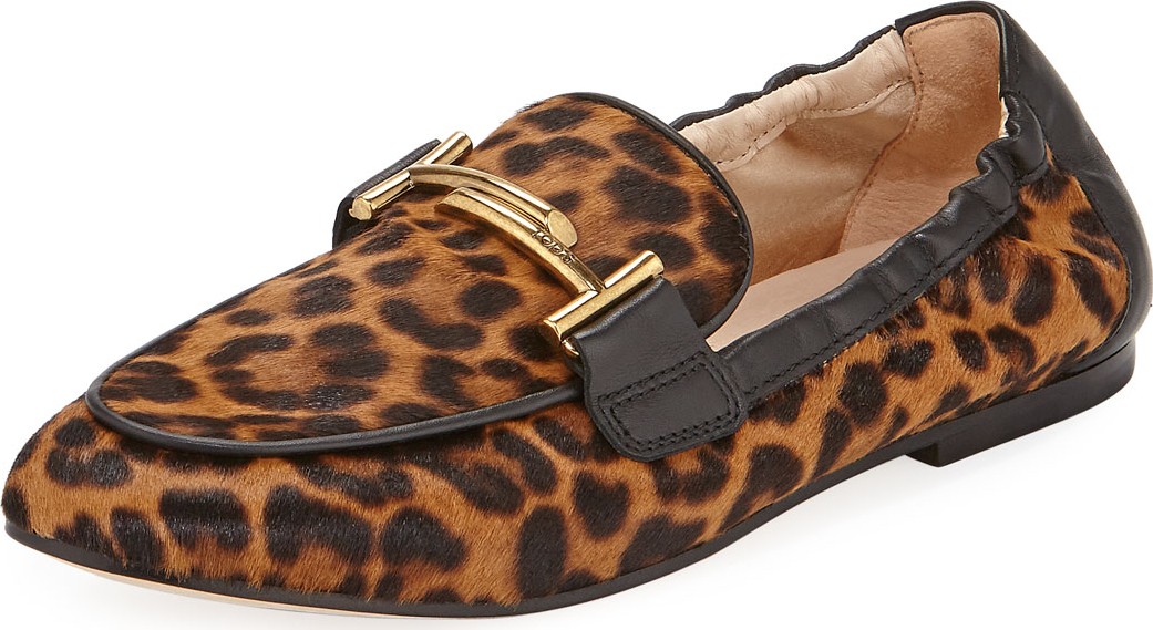Tod's Leopard-Print Calf Hair Double T Loafers