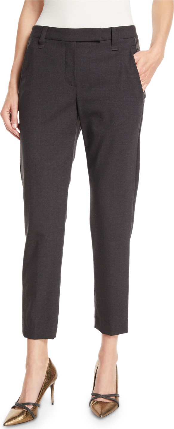 Brunello Cucinelli Straight-Leg Wool Pants w/ Monili Stripe