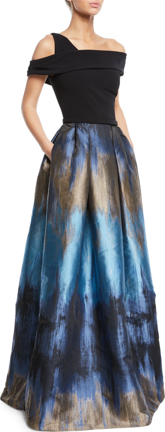 Theia Off-the-Shoulder Ball Gown w/ Ombre Mikado Skirt & Pockets