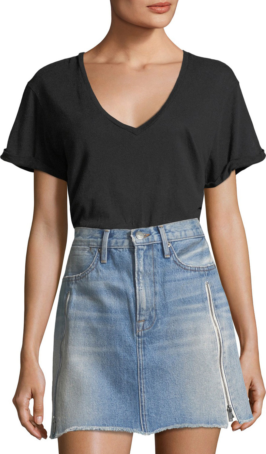 FRAME DENIM Deep-V Cuffed Short-Sleeve Cotton Tee