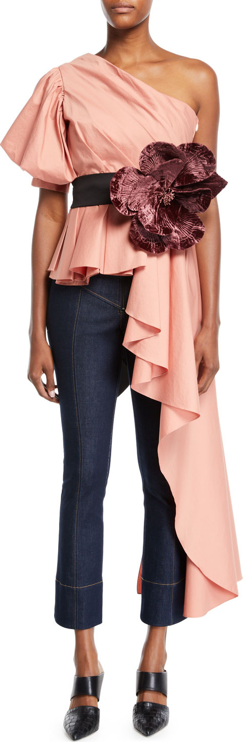 Johanna Ortiz One-Shoulder Bustier Side-Drape Top w/ Velvet Flower Detail