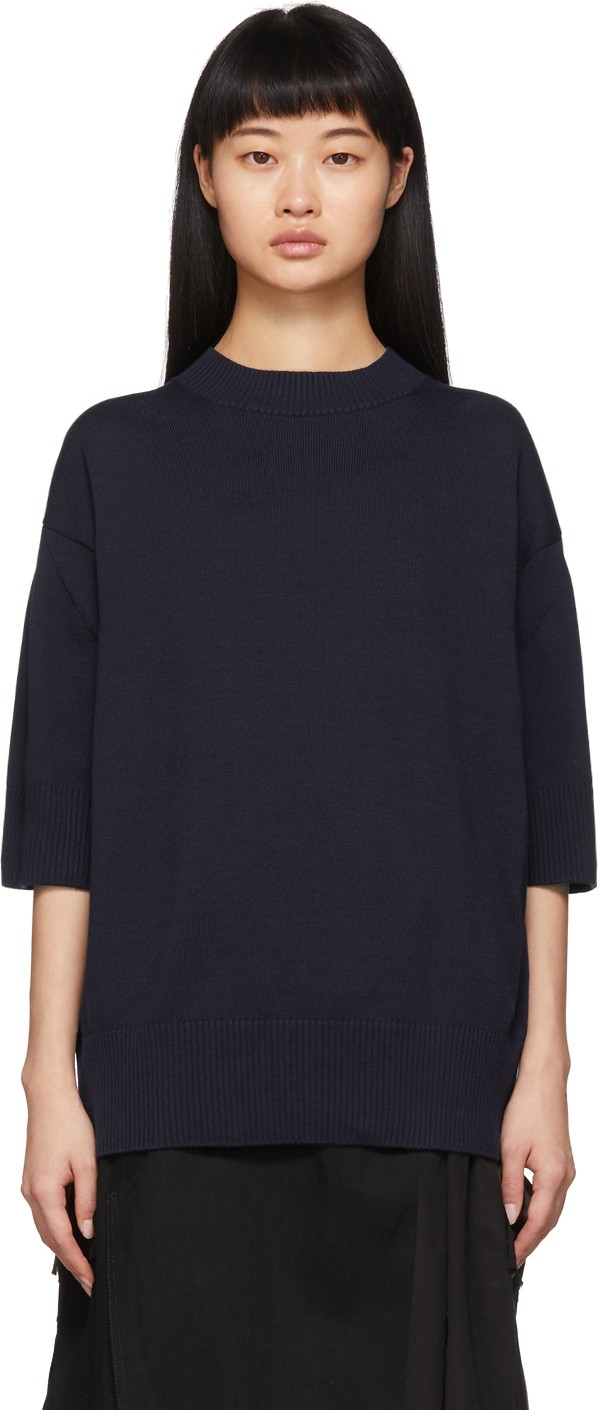 Sacai Navy Knit Chiffon Hem Sweater