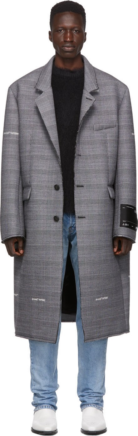 Off White Grey Check Wool Volume Coat