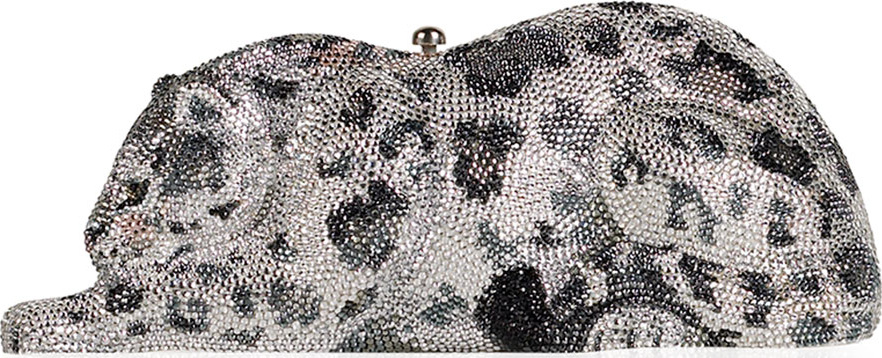 Judith Leiber Wildcat Snow Leopard Crystal-Embellished Evening Clutch Bag, Silver