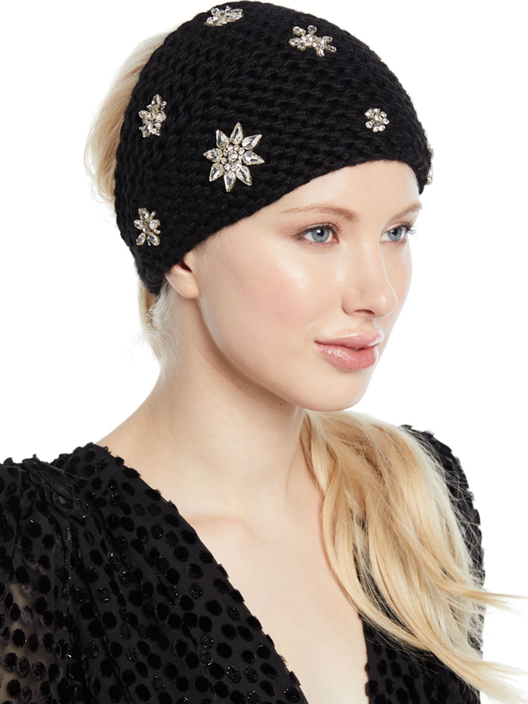 Jennifer Behr Calito Knit Head Wrap w/ Crystal Snowflakes