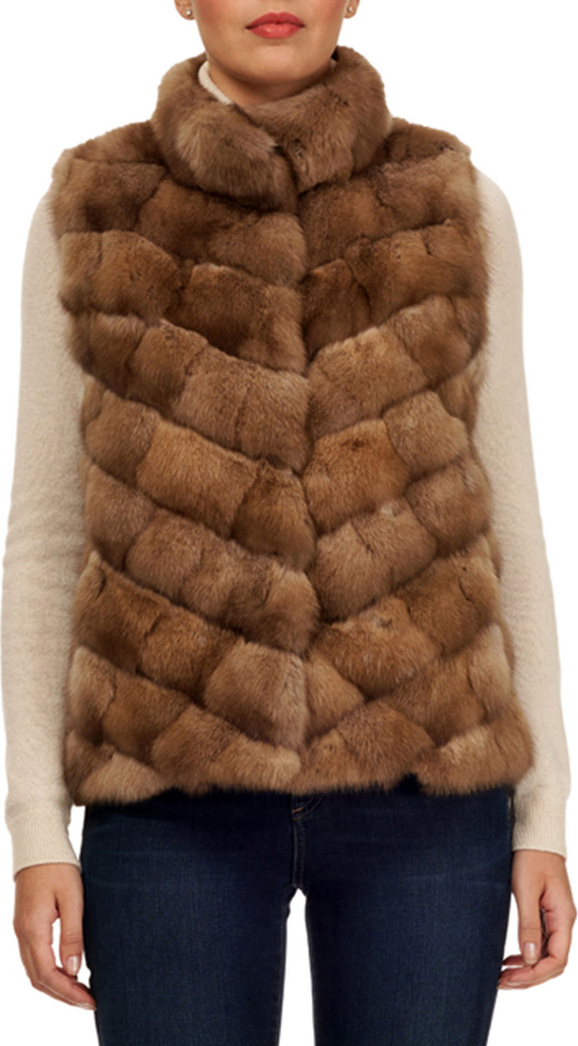Gorski Sable Fur Chevron Intarsia Vest w/ Stand Collar