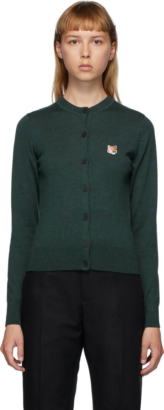 Maison Kitsune Green Wool Fox Head Cardigan
