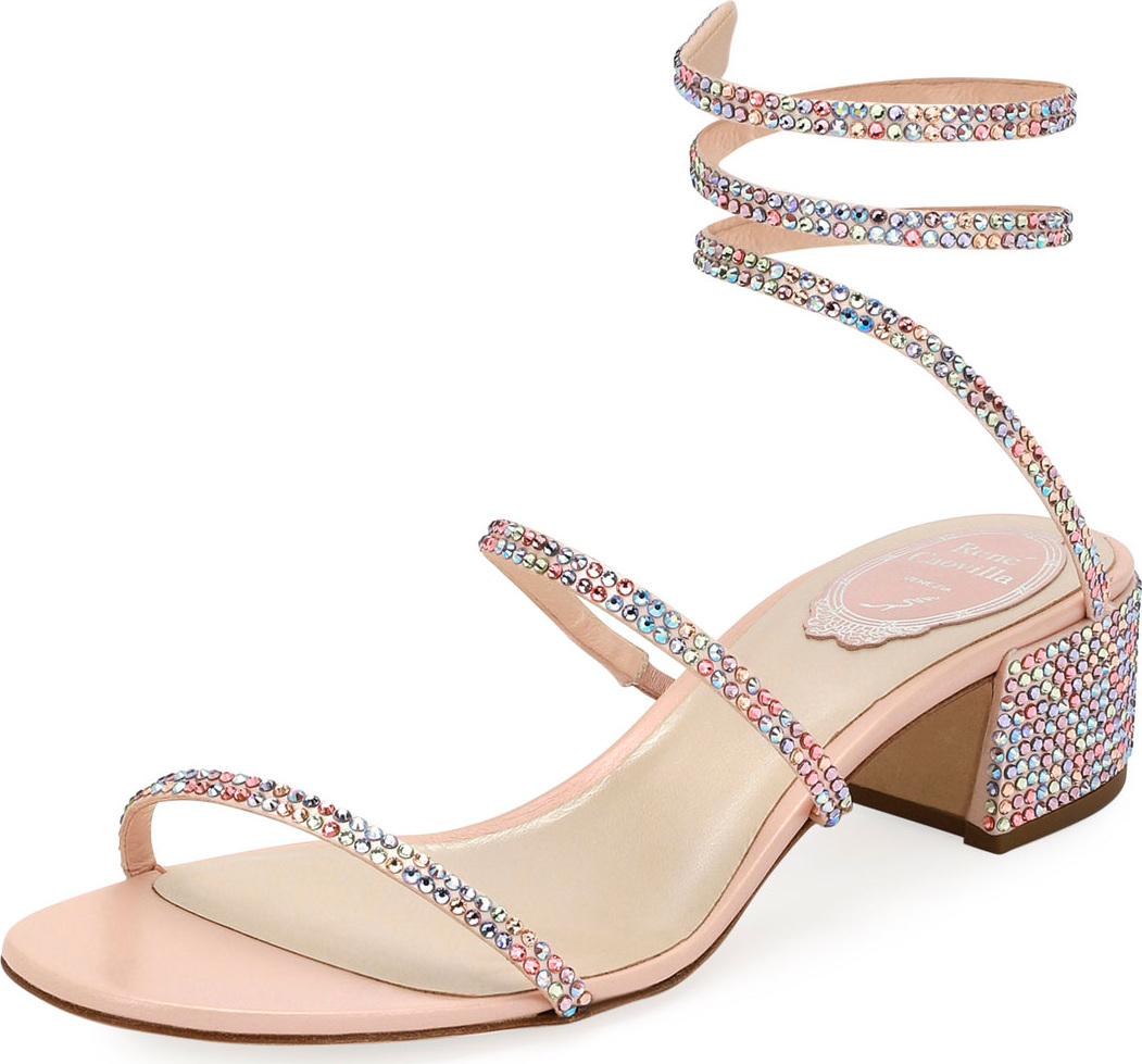 Rene Caovilla Snake-Coil Satin Chunky-Heel Sandal