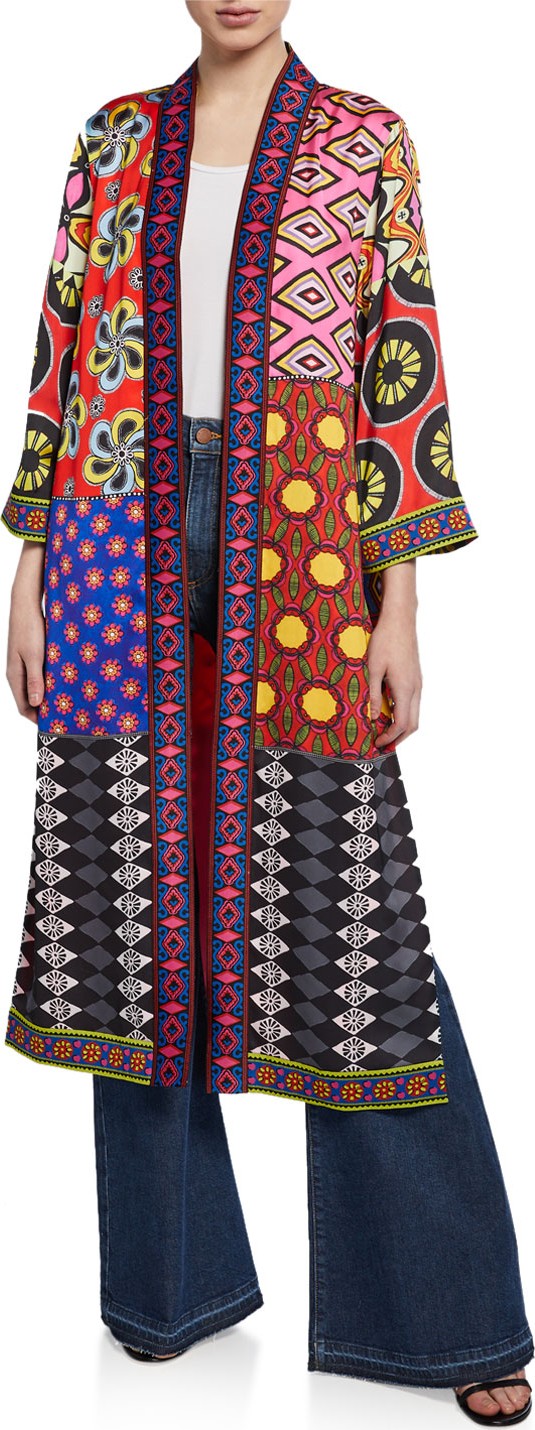 Alice + Olivia AO x CARLA Lynn Mixed-Print Side Slit Long Kimono