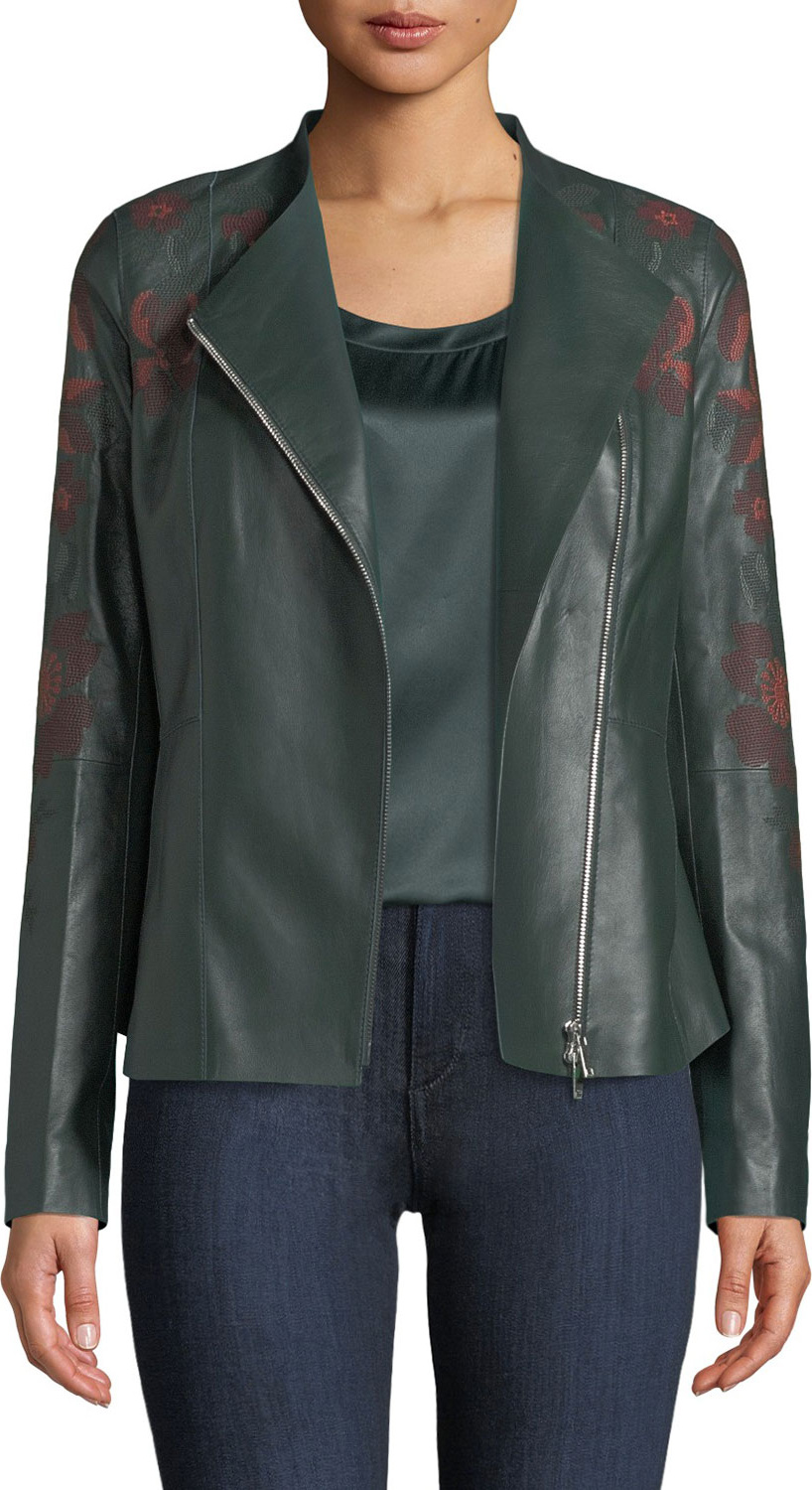Lafayette 148 New York Aimes Zip-Front Floral-Embroidered Lambskin Leather Jacket