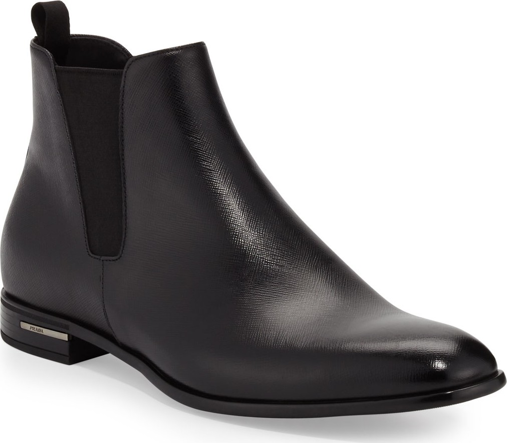 Prada Saffiano Leather Chelsea Boots, Black