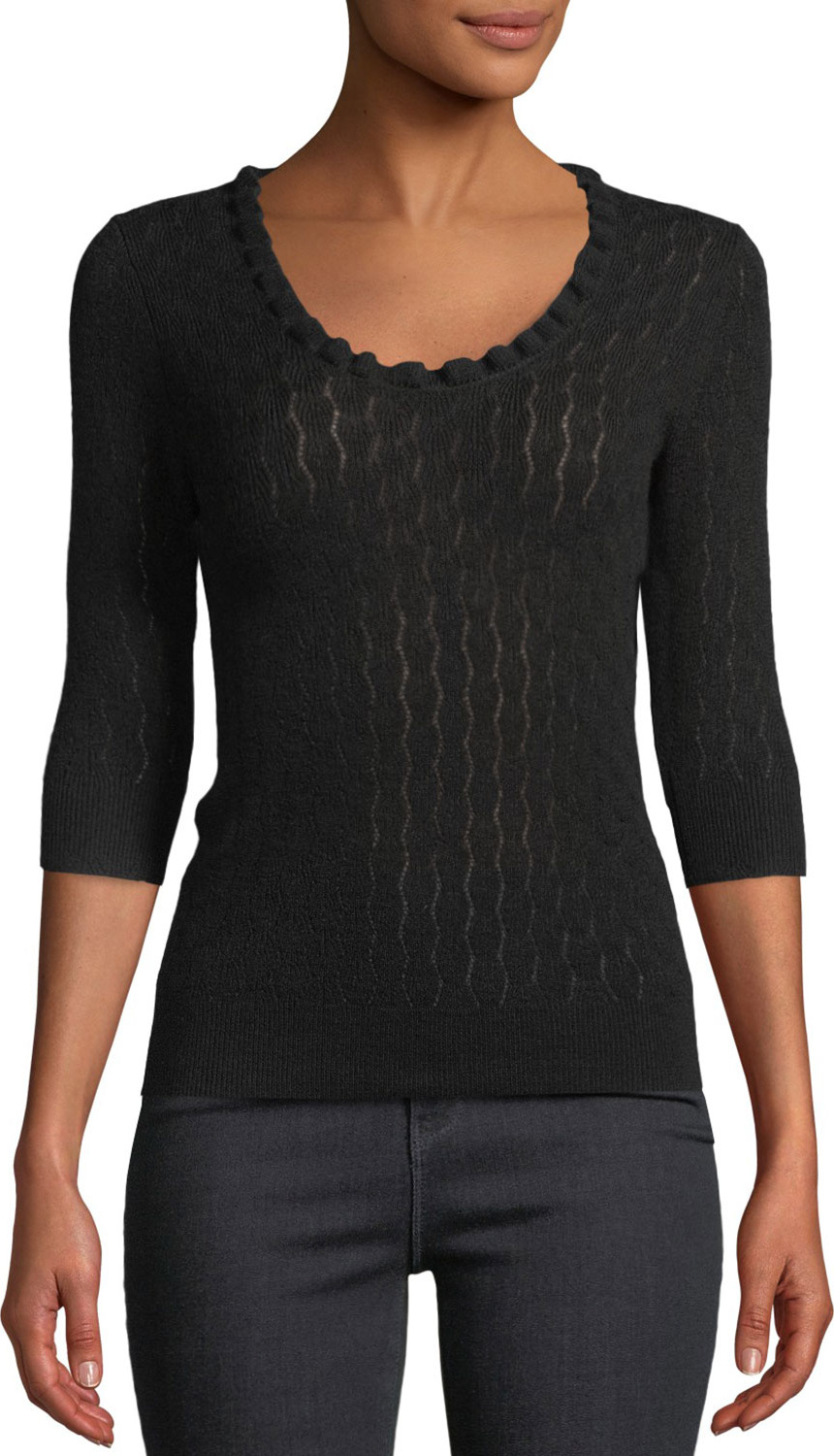 Rebecca Taylor Scoop-Neck Merino Wool 3/4-Sleeve Sweater
