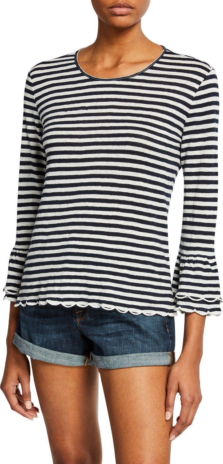 FRAME DENIM Scalloped Bell-Sleeve Striped Top