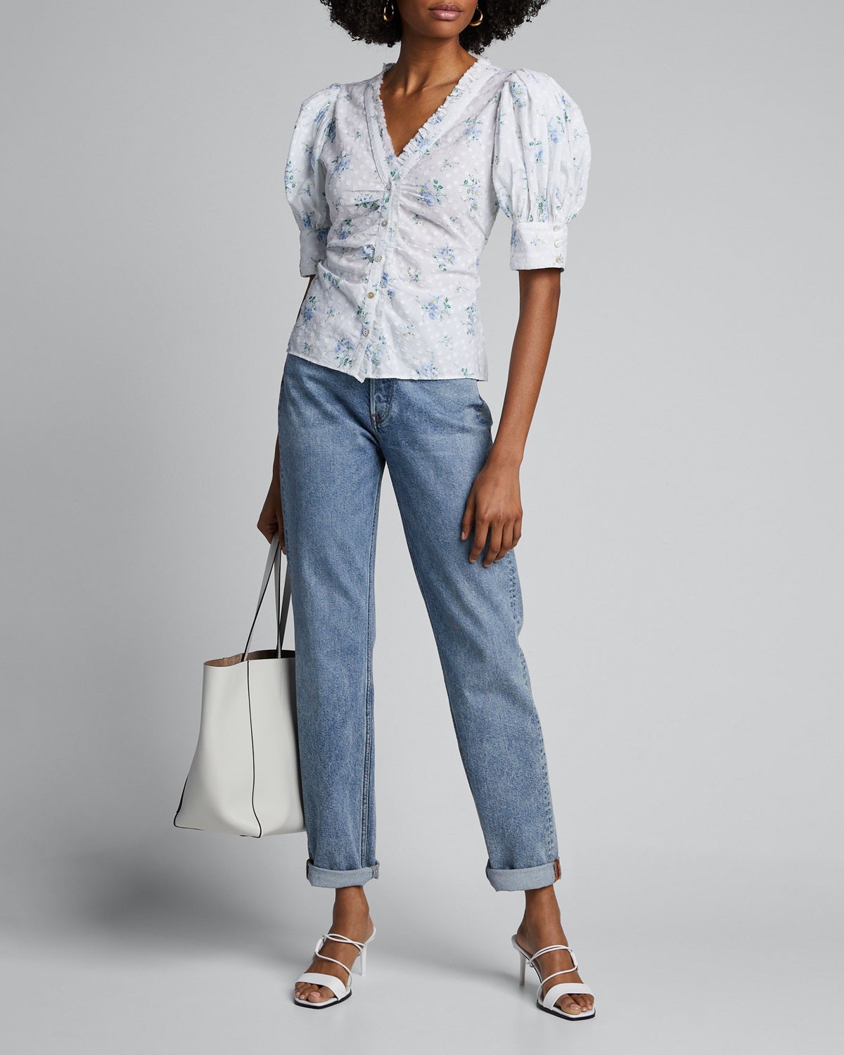 LOVESHACKFANCY Jules Textured Floral Puff-Sleeve Top