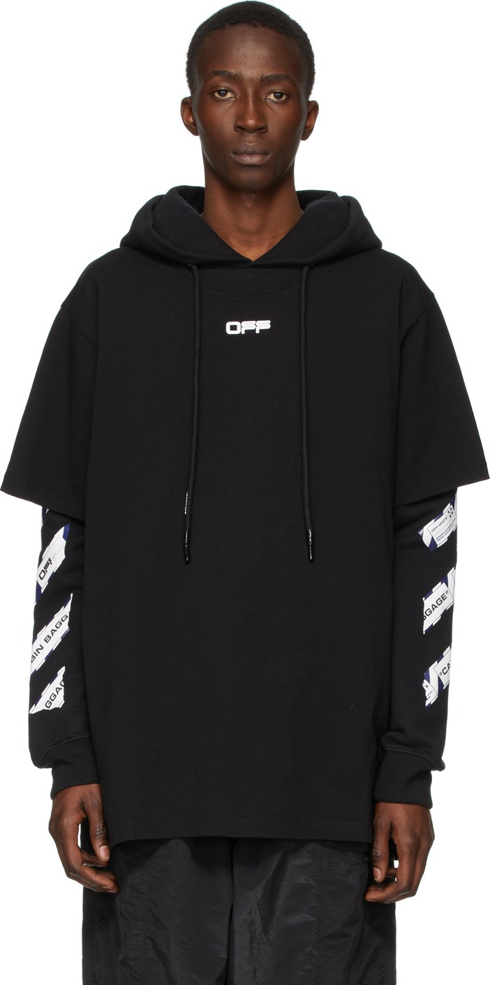 Off White Black Airport Tape Double Tee Hoodie