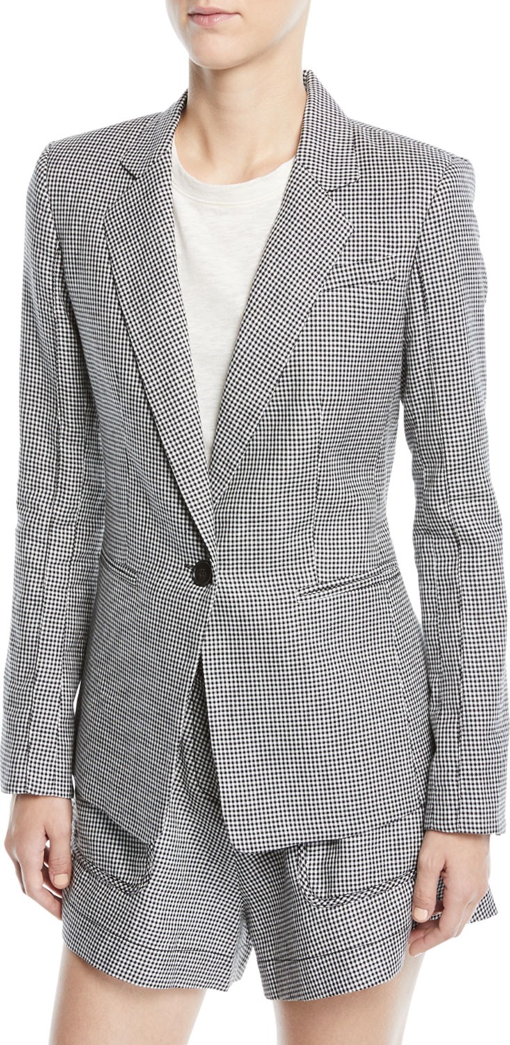 Derek Lam 10 Crosby Single-Button Check Linen-Blend Blazer