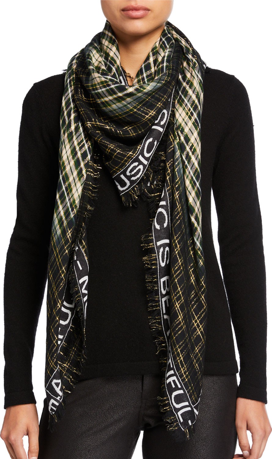 Zadig & Voltaire Scotty Metallic Plaid Message Border Scarf Zadig & Voltaire Scotty Metallic Plaid Message Border Scarf