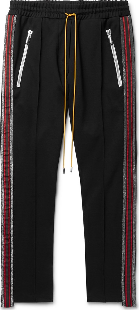 RHUDE Black Traxedo Slim-Fit Tapered Webbing-Trimmed Satin-Jersey Drawstring Trousers