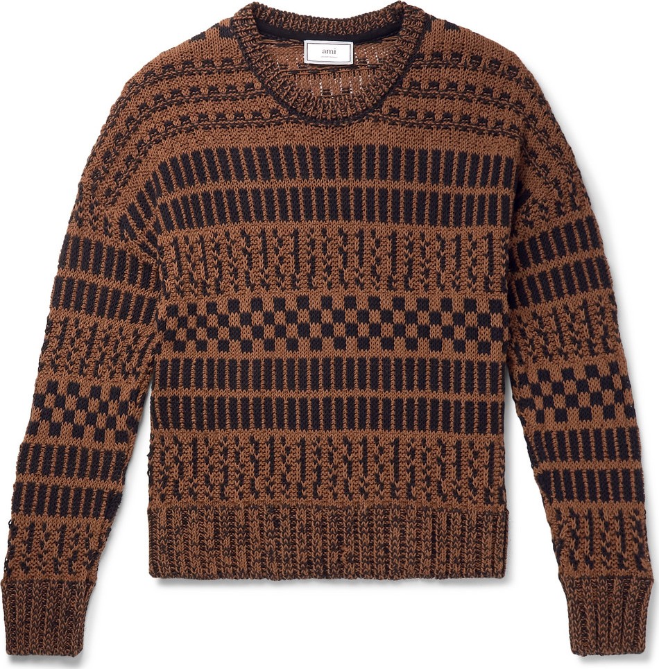 AMI Oversized Striped Cotton and Linen-Blend Sweater