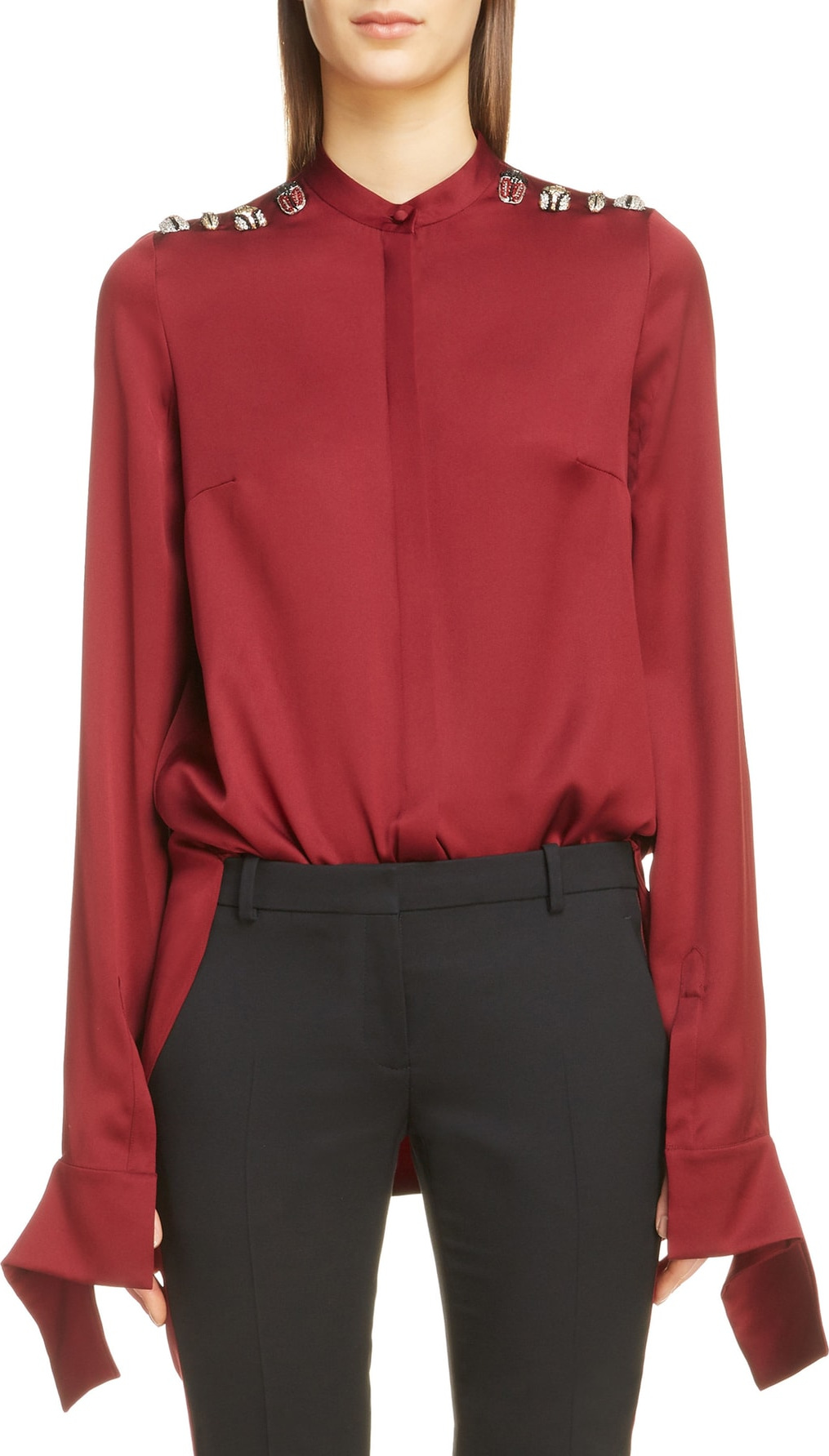 Alexander McQueen Beetle Embellished Silk Satin Blouse