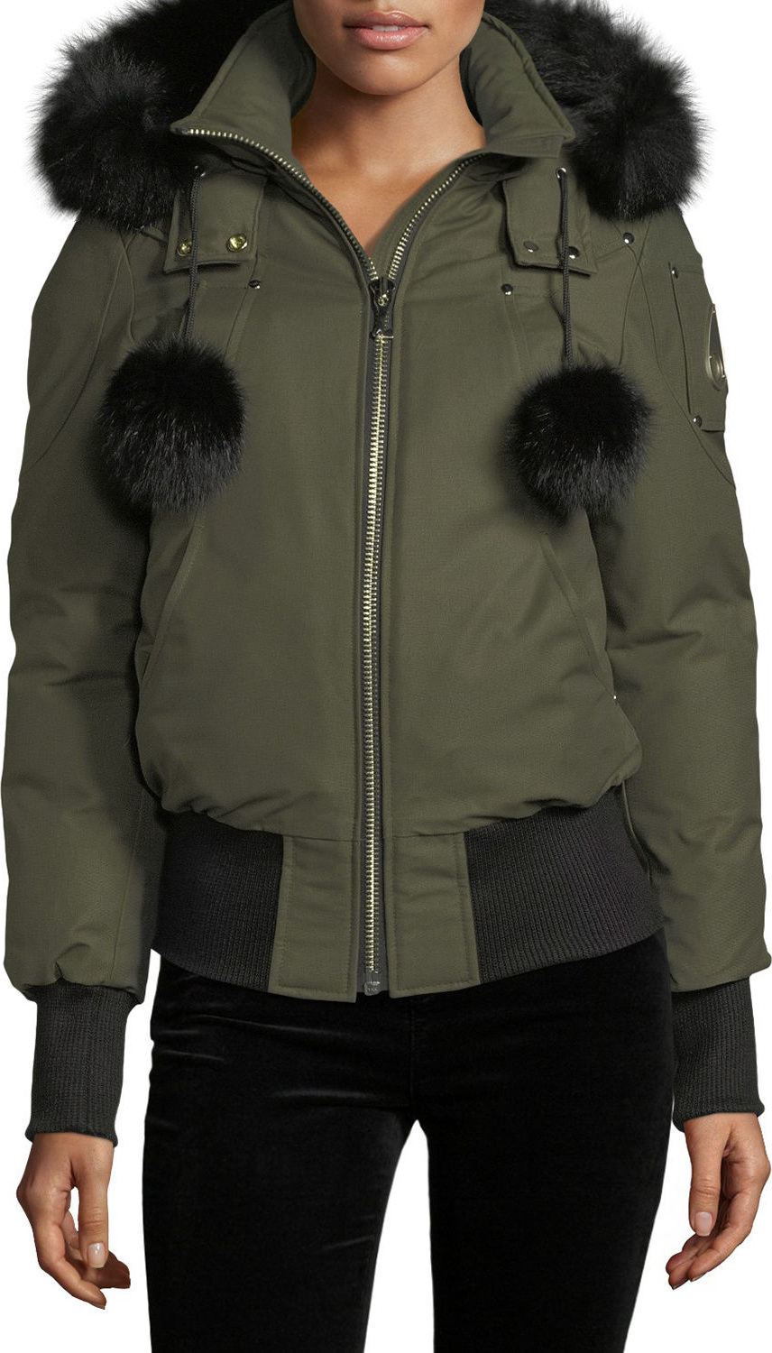 Moose Knuckles Debbie Long-Sleeve Zip-Front Bomber Jacket w/ Pompoms