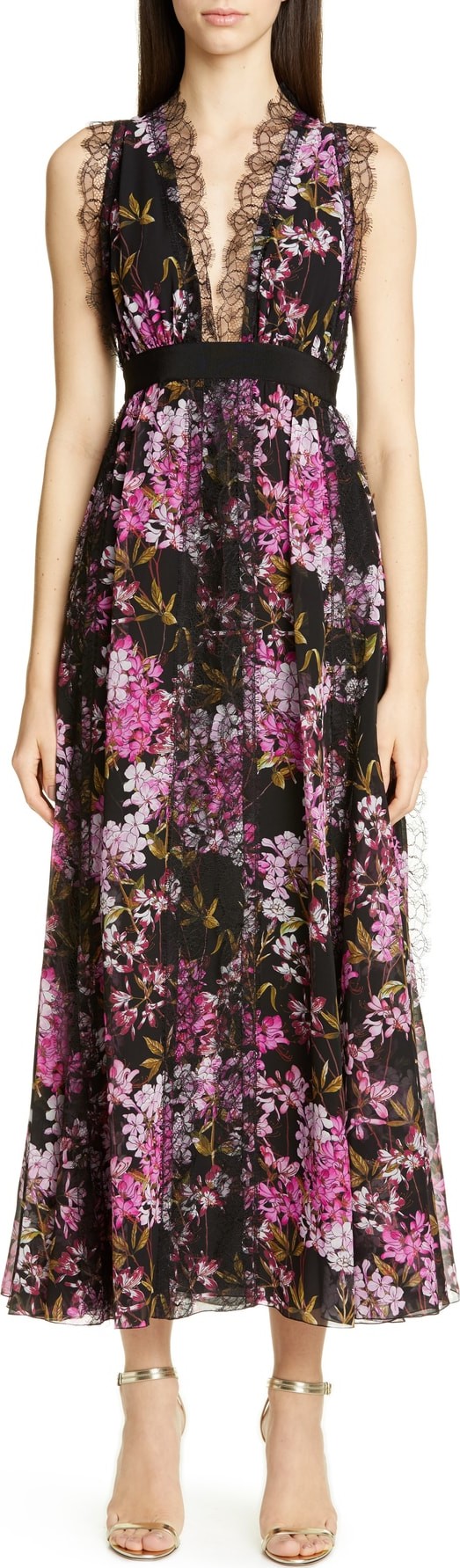 Giambattista Valli Lace Detail Floral Silk Evening Dress