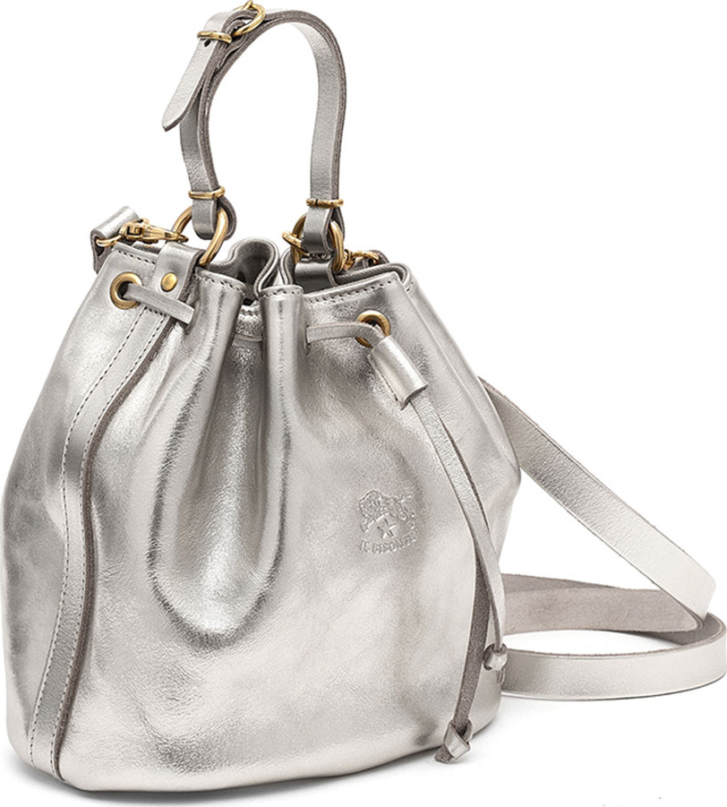 Il Bisonte Metallic Leather Drawstring Bucket Bag, Silver