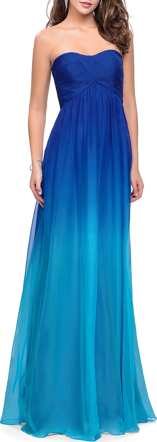 La Femme Ombre Strapless Chiffon Gown with Ruched Bodice & Open-Back