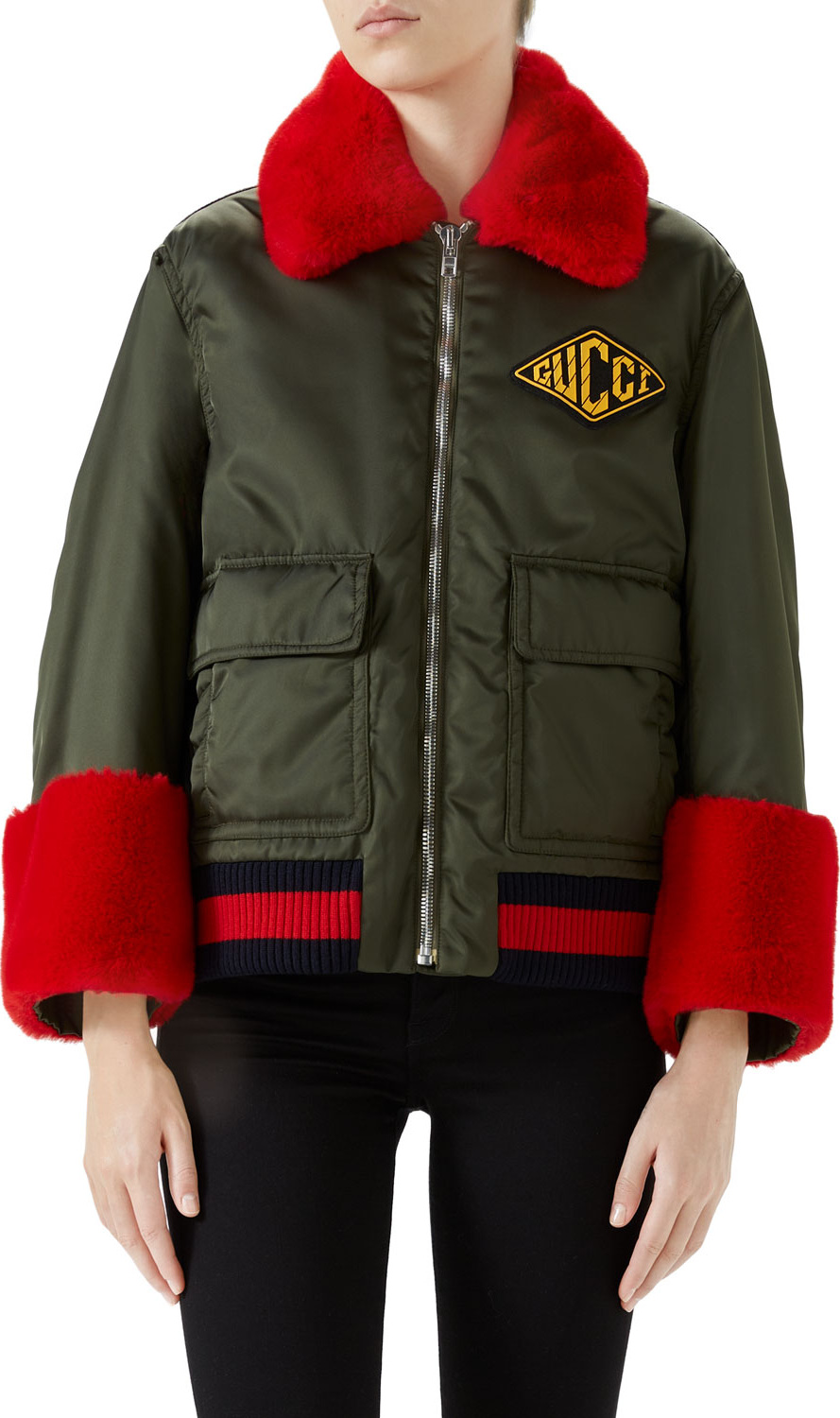 Gucci Nylon Gabardine Web-Trim Coat w/ Faux-Fur Details