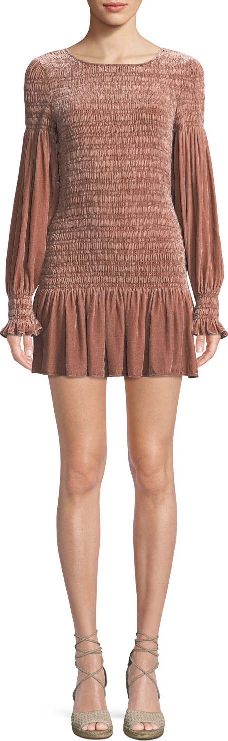 LOVESHACKFANCY Scarlett Smocked Velvet Flounce Short Dress