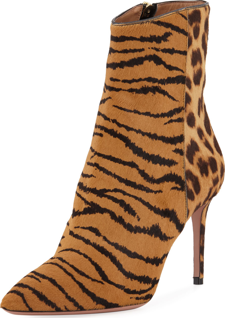 Aquazzura Alma Mid-Heel Animal-Print Hairhide Booties