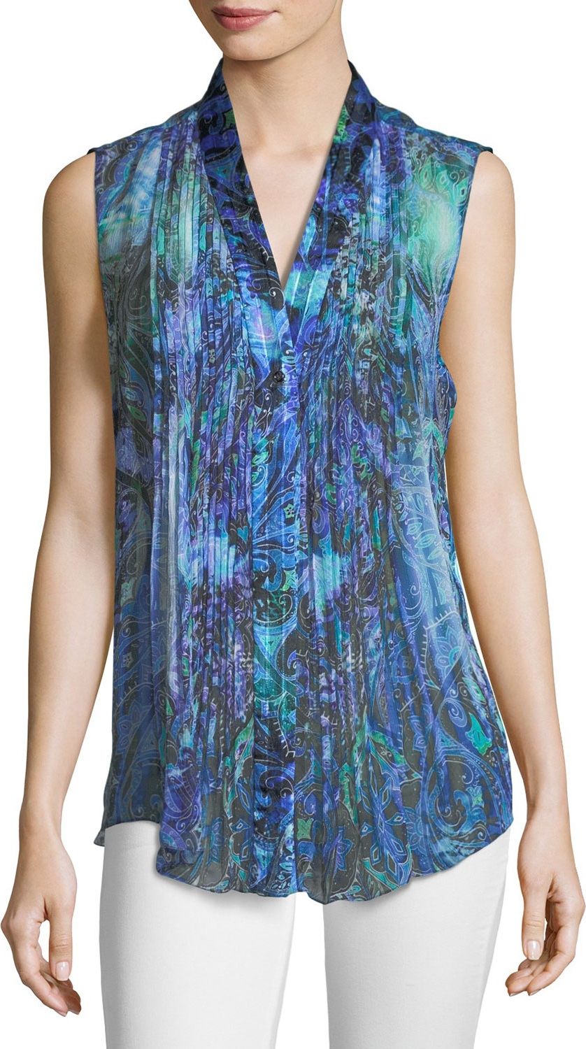 Elie Tahari Ellis Graphic-Print Sleeveless Silk Blouse