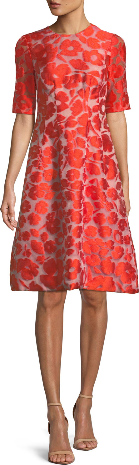 Lela Rose Holly Elbow-Sleeve Fit-and-Flare Jacquard Dress