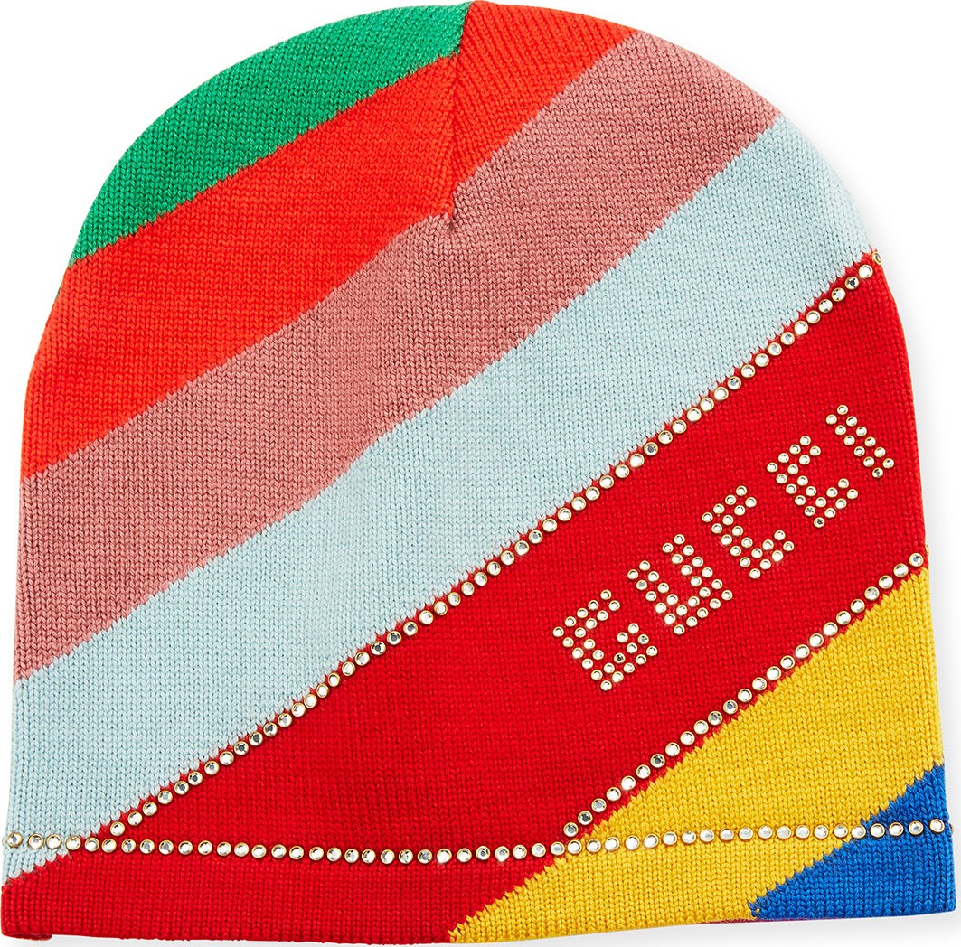 Gucci Multi-Stripe Wool Beanie Hat w/ Crystal Logo