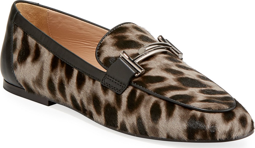 Tod's Double T Leopard-Print Calf Hair Loafers
