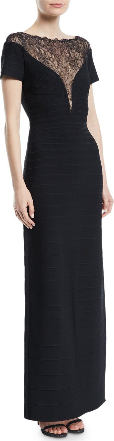 Herve Leger Short-Sleeve Bandage Column Evening Gown with Lace Inset