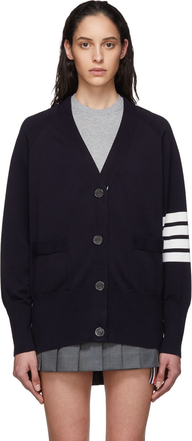 Thom Browne Navy 4-Bar Exaggerated Sleeve Cardigan