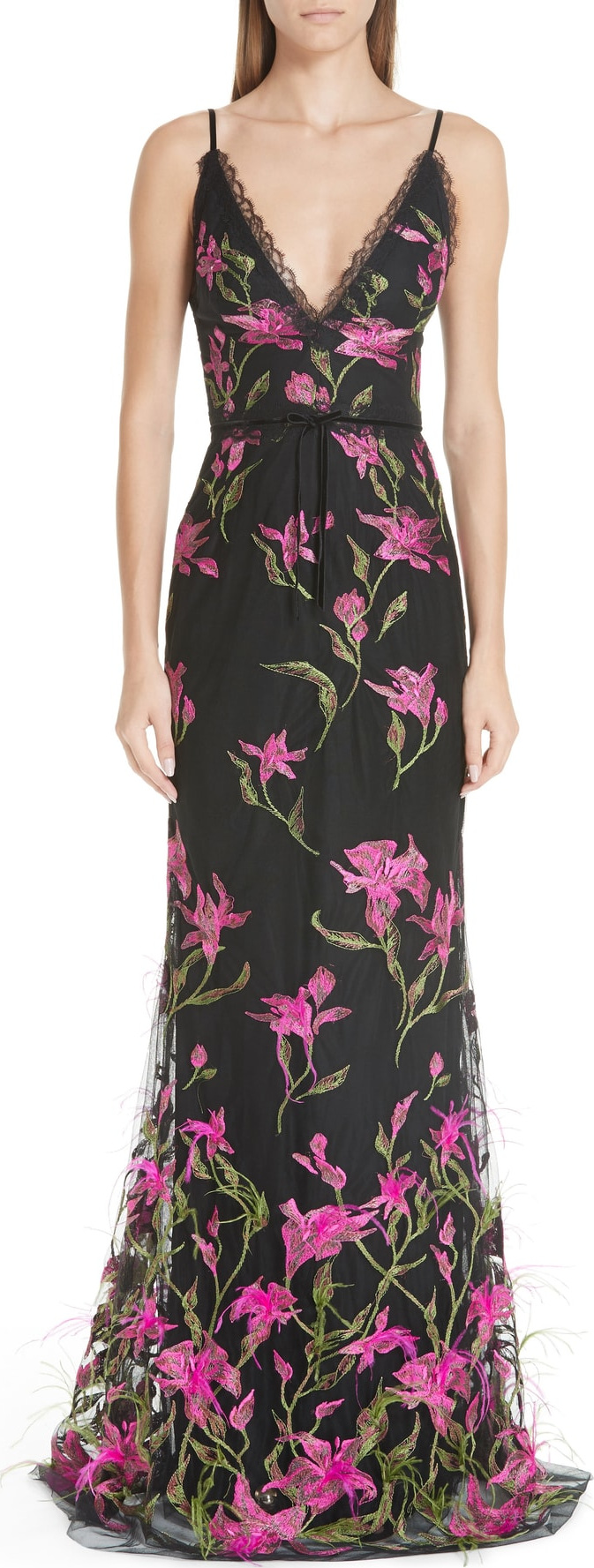 Marchesa Notte Embroidered Lace & Feather Trim Gown