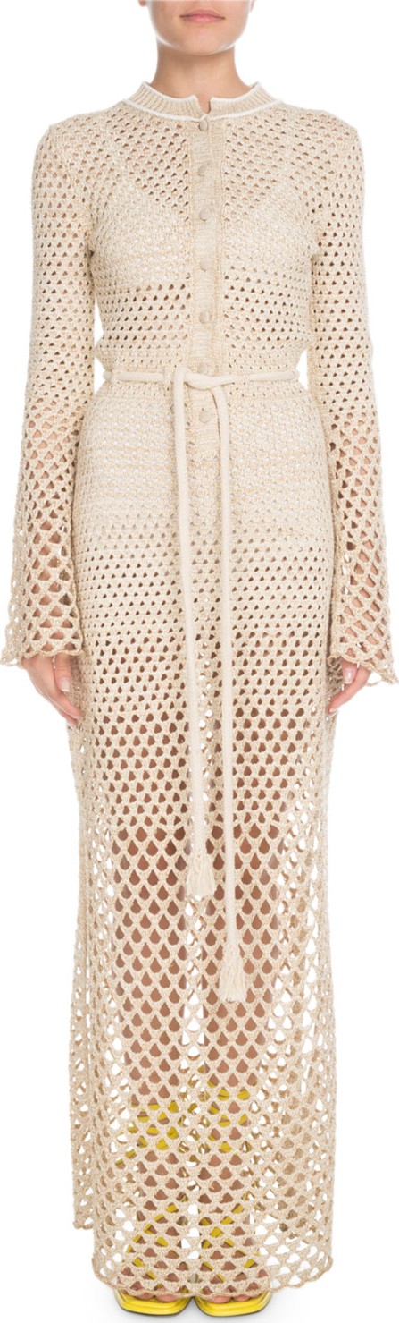 Proenza Schouler Bell-Sleeve Button-Front Tie-Waist Metallic-Crochet Long Dress