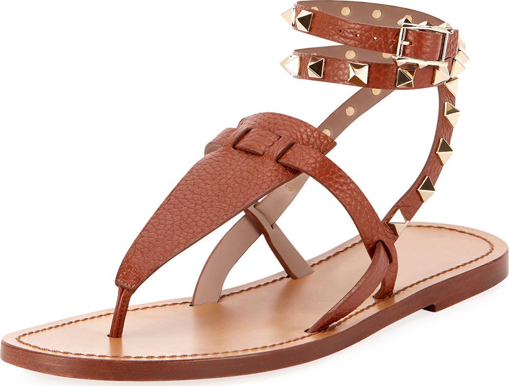 Valentino Flat Rockstud Ankle-Wrap Gladiator Sandals