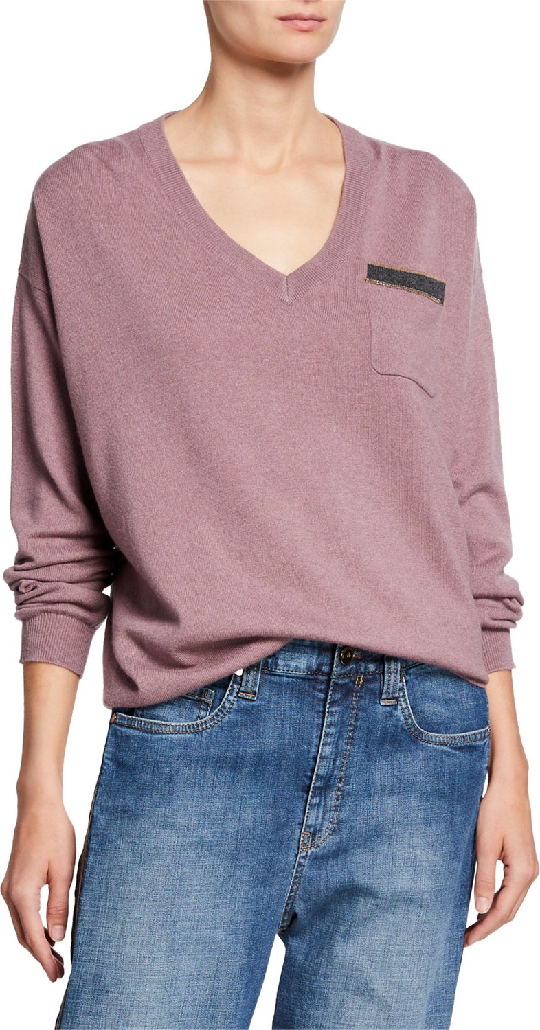 Brunello Cucinelli Monili-Pocket Cashmere V-Neck Sweater
