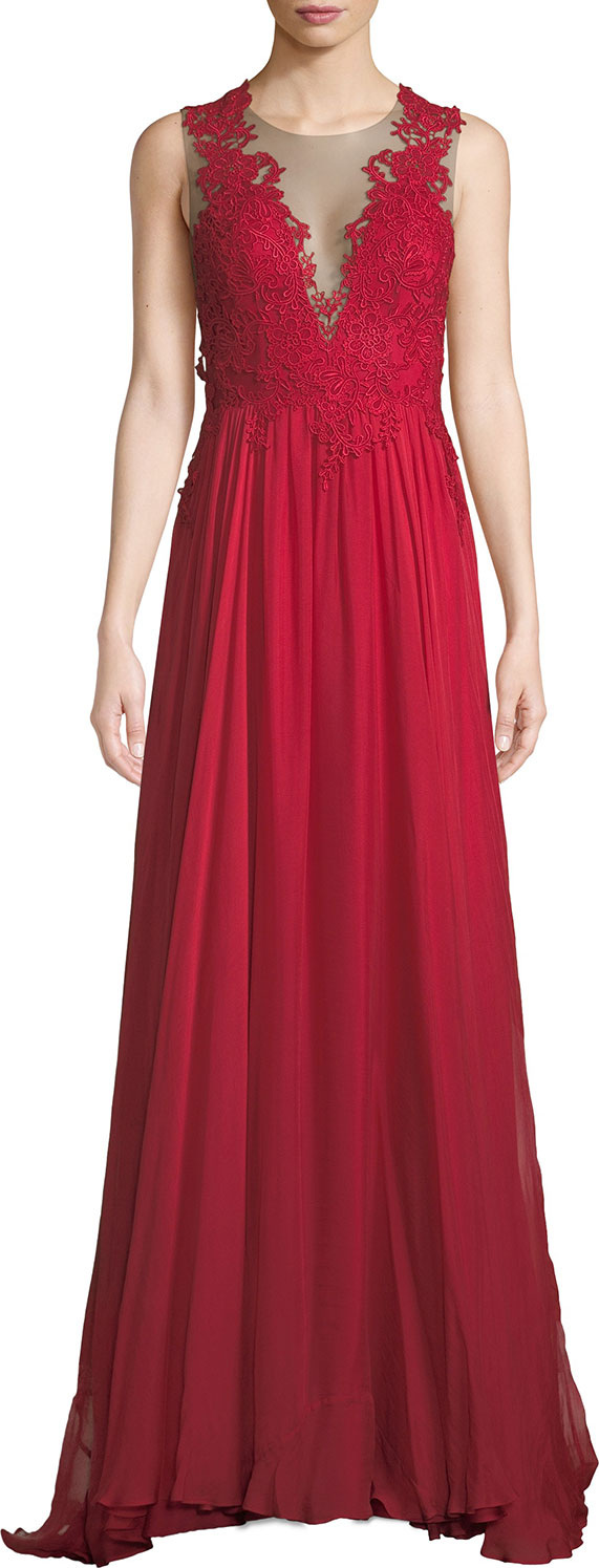 Catherine Deane Lova Plunge-Illusion Low-Back Gown w/ Tulle & Lace