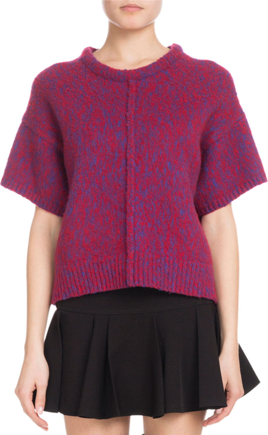 Chloe Short-Sleeve Marled Brushed Bicolor Wool-Cashmere Sweater