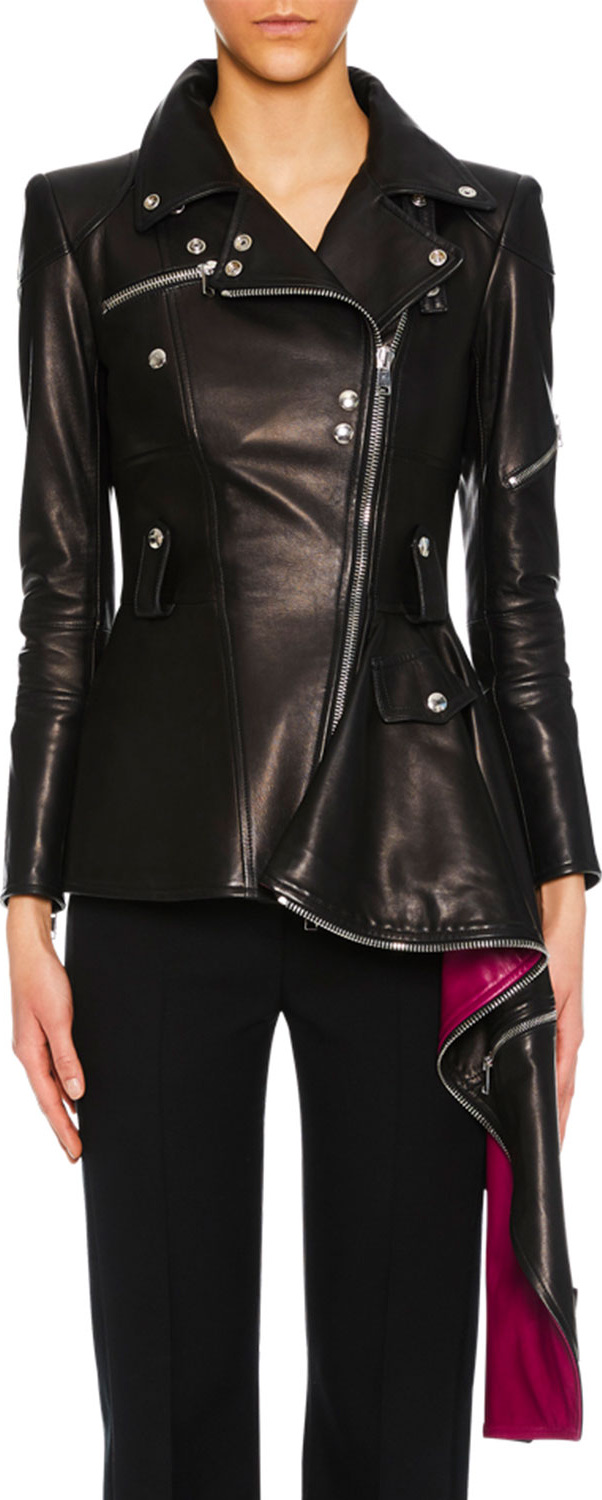Alexander McQueen Zip-Front Leather Biker Jacket w/ Contrast Asymmetric Hem