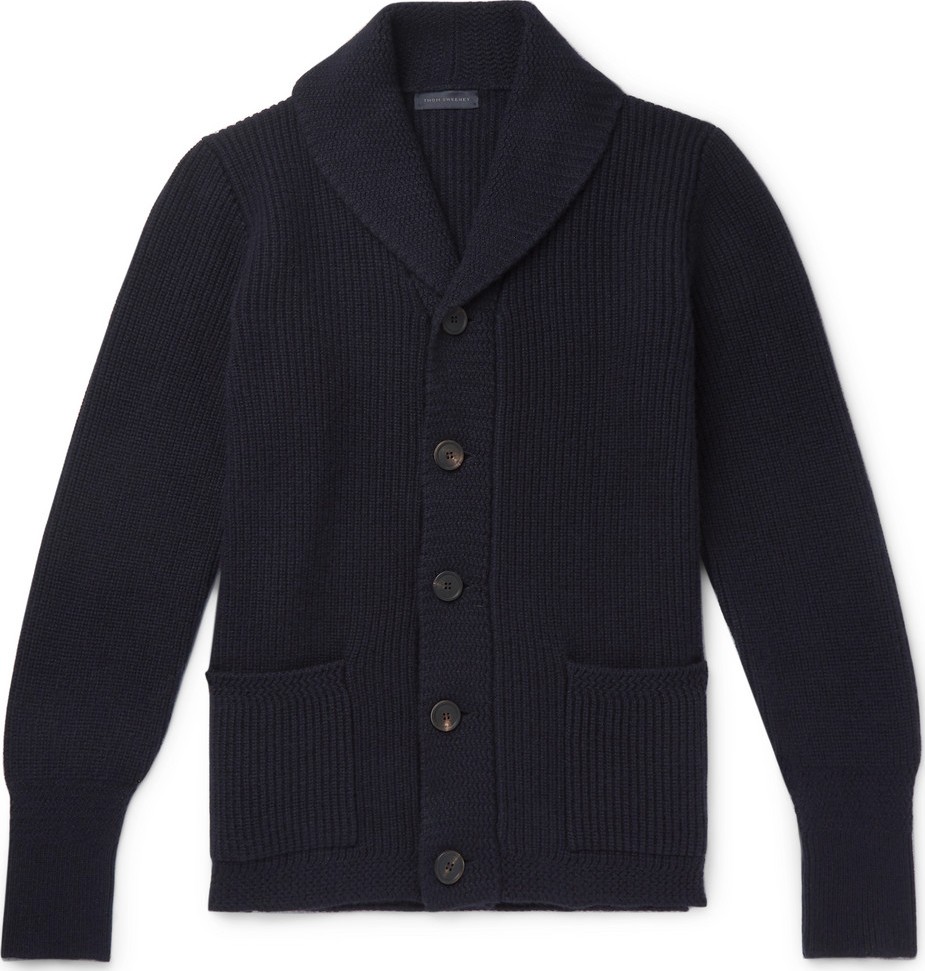 Thom Sweeney Shawl-Collar Ribbed Cashmere Cardigan