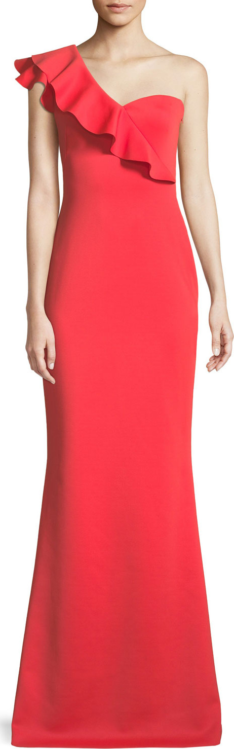 Black Halo Carmel One-Shoulder Ruffle Gown