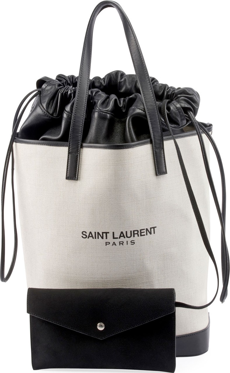Saint Laurent Teddy Medium Canvas/Leather Drawstring Shopping Tote Bag